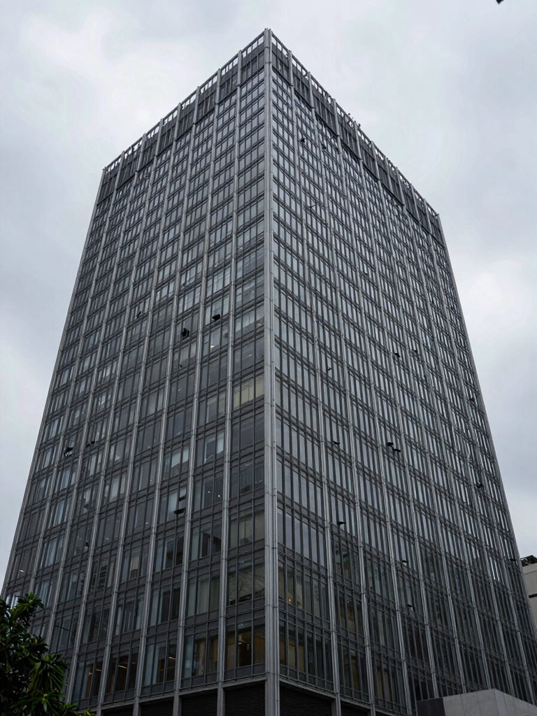 Wide environmental shot looking up at the steel-and-glass facade of a modern government building in Mexico City, overcast natural daylight casting flat cold light on the structural grid of the curtain wall, strong vertical lines dominating the frame, no people, no signage