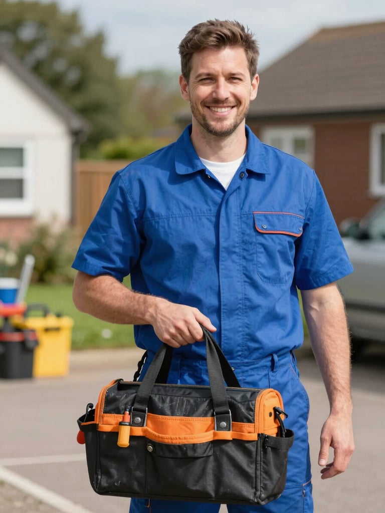A friendly Leicester plumber in a clean blue uniform smiling, holding a professional toolbag, bright natural daylight, outdoor background.