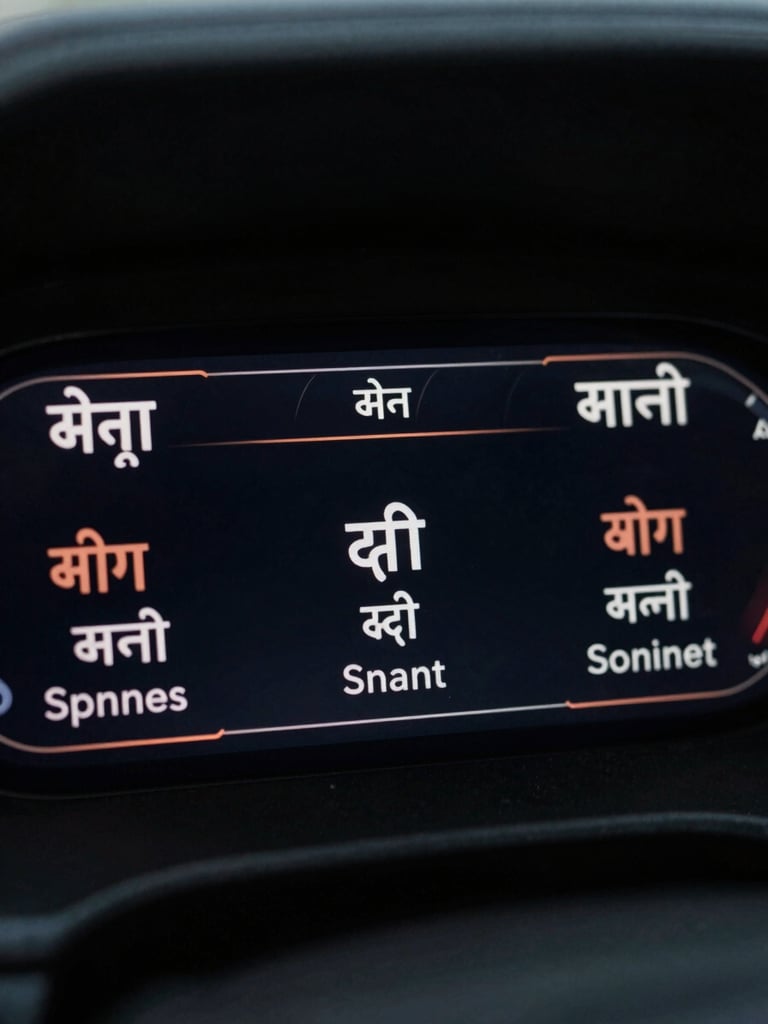 Close-up of a high-end digital dashboard displaying bilingual Sanskrit-derived Hindi and English typography, low-key dramatic lighting, deep midnight-slate tones.