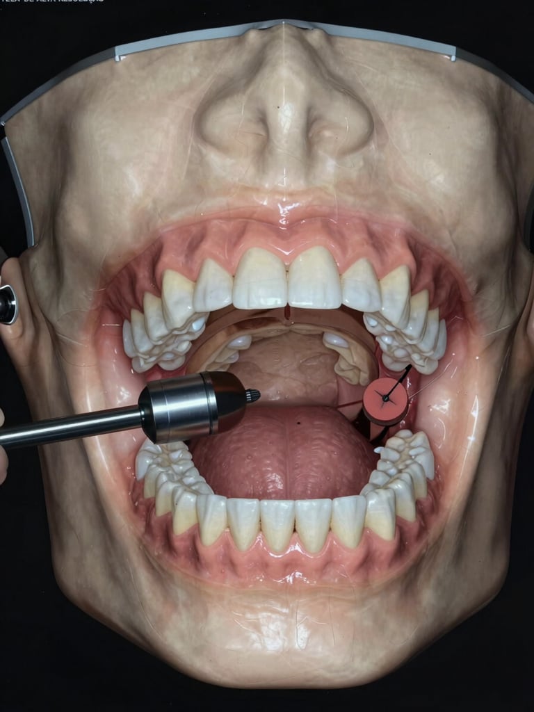 Tela de alta resolução exibindo planejamento cirúrgico virtual 3D de uma mandíbula e dentes inclusos, evidenciando o rigor técnico e a precisão do diagnóstico.