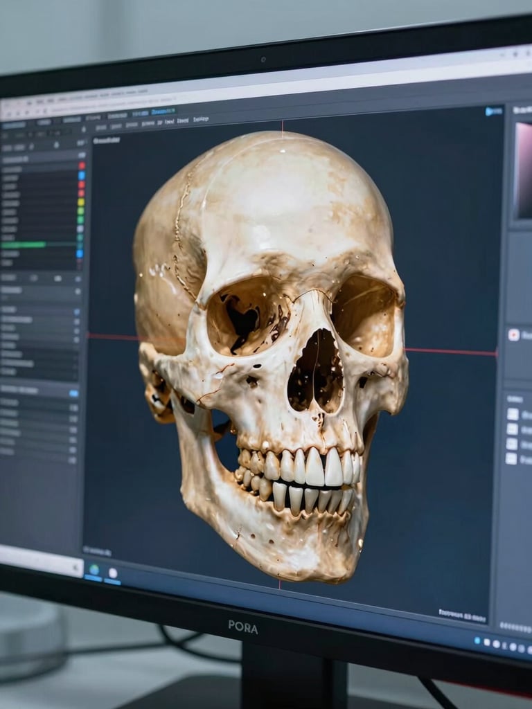 Close-up of a high-tech digital planning software screen displaying a 3D reconstruction of a human skull and jaw, soft blue and warm gold light reflecting on the screen, clean clinical setting.