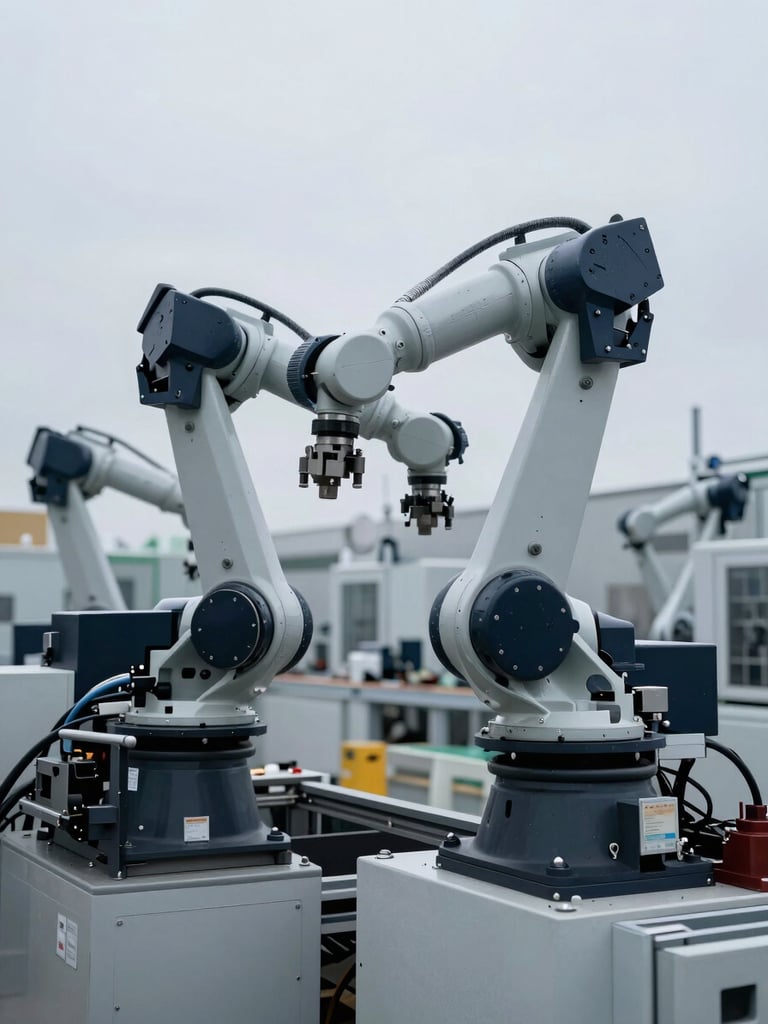 A close-up of heavy industrial machinery on an automated manufacturing floor, cool overcast lighting, precise robotic arms, clean slate gray tones.