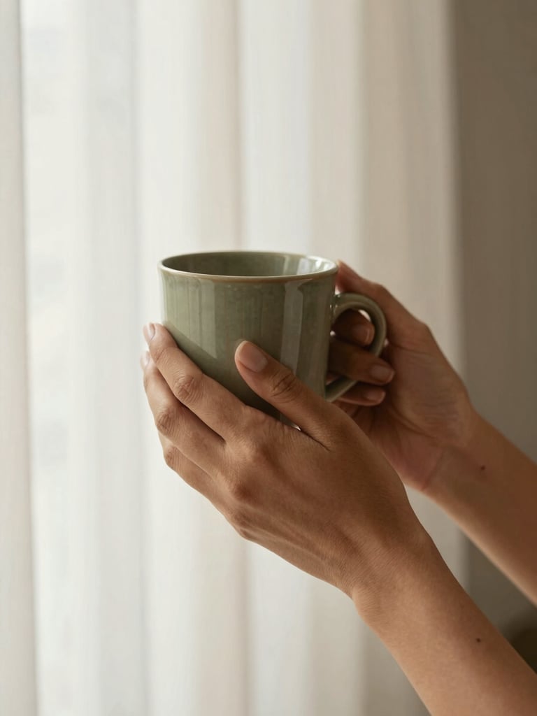 Close-up of Pooja Hasija's hands gently holding a warm ceramic mug, soft light filtering through sheer curtains, elegant curves, feminine, minimal.