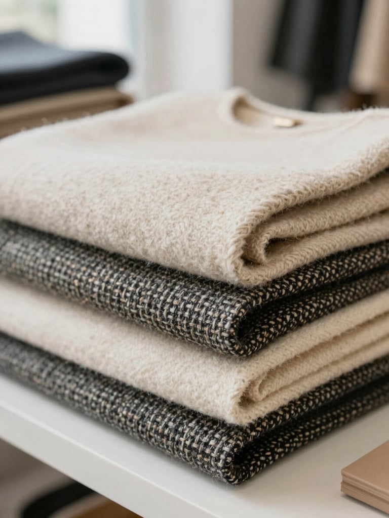 Close-up of premium heavy wool and tweed fabrics neatly folded in a bright, minimalist warehouse, soft daylight, editorial fashion photography.