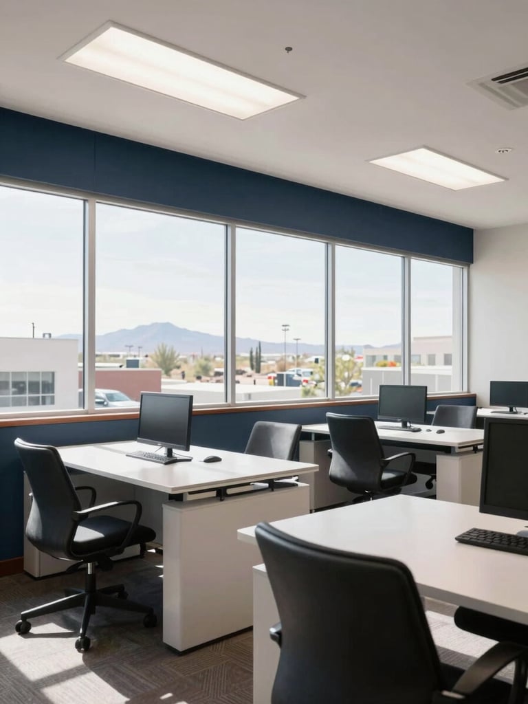 A professional commercial workspace in Mesa, Arizona, bright daylight, clean modern office interior with large windows, 35mm editorial photography