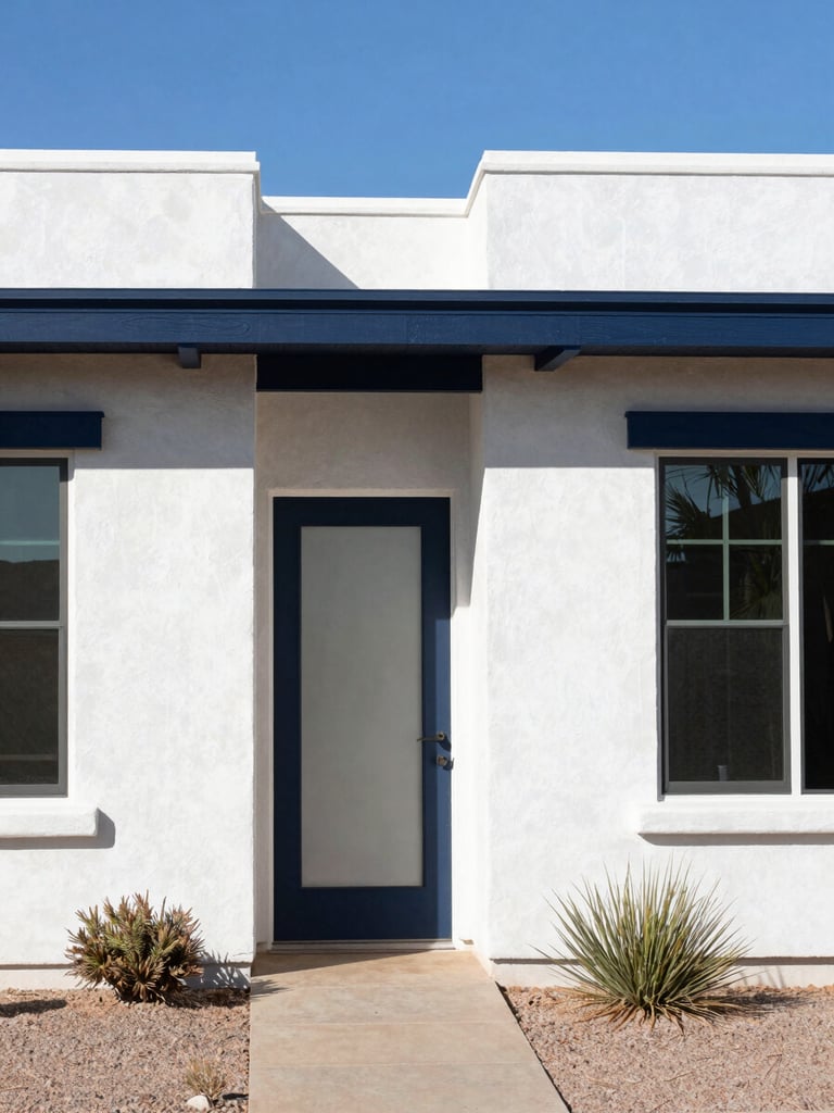 Close-up of a modern home exterior in Mesa, Arizona, bright daylight, clean stucco walls and desert landscaping, editorial corporate photography.