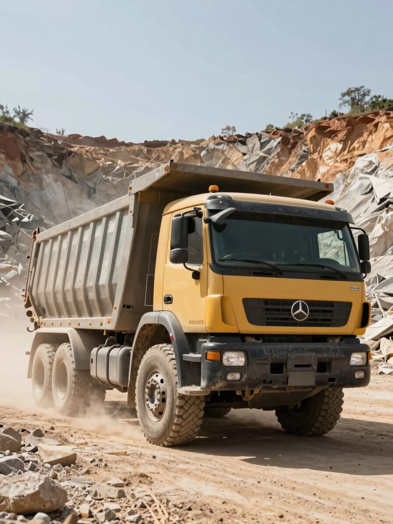 Low-angle heroic shot of a heavy transport truck parked in an active West African quarry, harsh midday sun, dust in the air, industrial scale