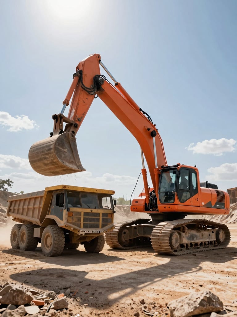 Low-angle heroic shot of a heavy orange excavator loading a haul truck in a dusty West African quarry, harsh midday sun casting sharp shadows, high-contrast industrial environment.