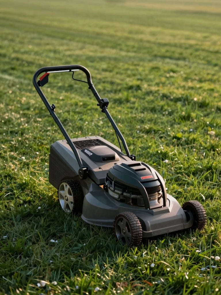 A professional electric lawn mower gliding silently over deep green grass, leaving clean, defined striping patterns under soft late-afternoon golden hour light.