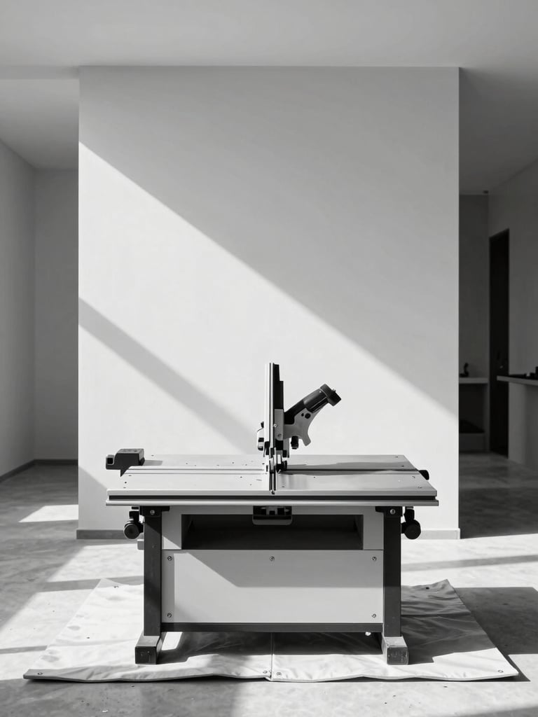 Straight-on architectural photograph of a modern, clean construction workspace, high-contrast natural light, a high-end tile saw set up on a spotless floor protector, 35mm.