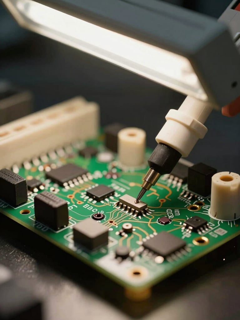 Extreme close-up of a populated PCB test rig under overhead fluorescent lab lighting, oscilloscope probe tips touching signal traces, sharp detail on solder joints and component markings, dark workbench surface visible at frame edge — no people, no warmth, clinical precision