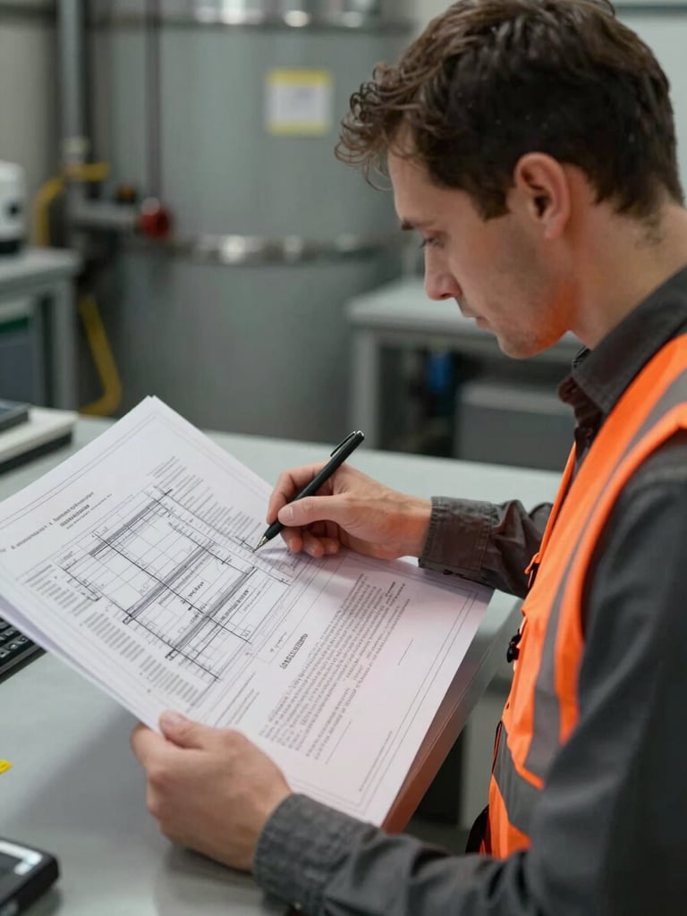 Technical documentary photography of a focused expert reviewing technical blueprints and legal documents under sharp side-lighting, desaturated industrial tones with safety orange accents.