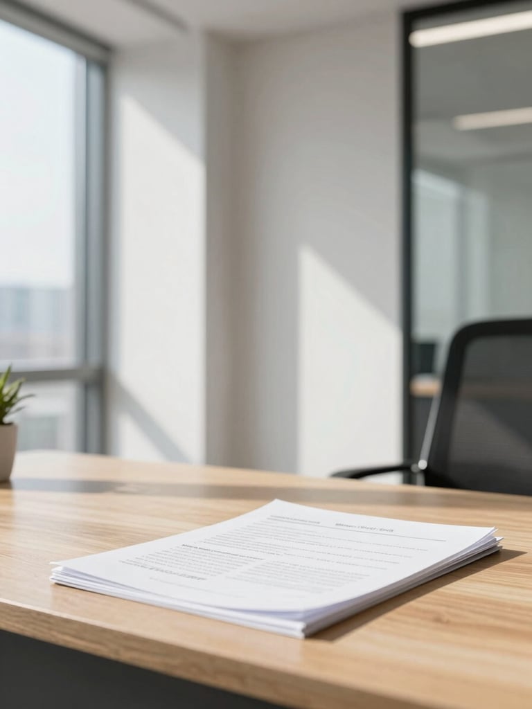 Clean modern workspace with documents on a wooden desk, sunlit morning light, professional architectural lines, 35mm