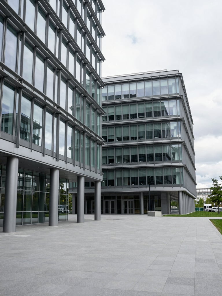A wide-angle environmental shot of clean, modern architectural lines inside a Swiss corporate headquarters, structured steel and glass facade, overcast daylight, clinical framing.