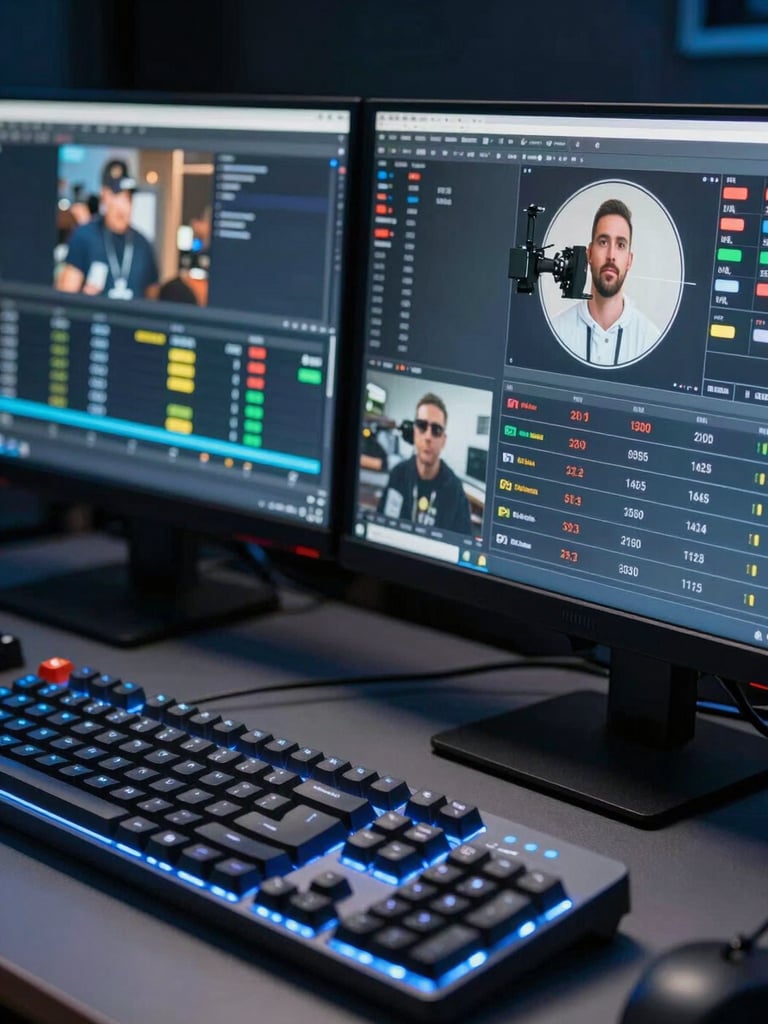 Close-up wide shot of a professional streaming studio setup — dual monitors displaying live broadcast analytics and subscriber count ticking upward, mechanical keyboard in foreground, cool blue LED ambient light, sharp high-contrast clarity, no person visible