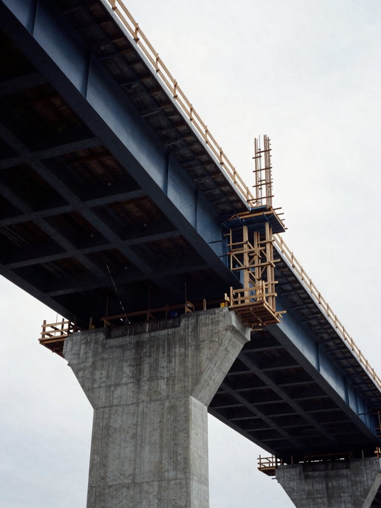 Low-angle architectural shot of a massive concrete bridge support under construction, timber formwork framework visible, overcast daylight, desaturated steel tones, 35mm