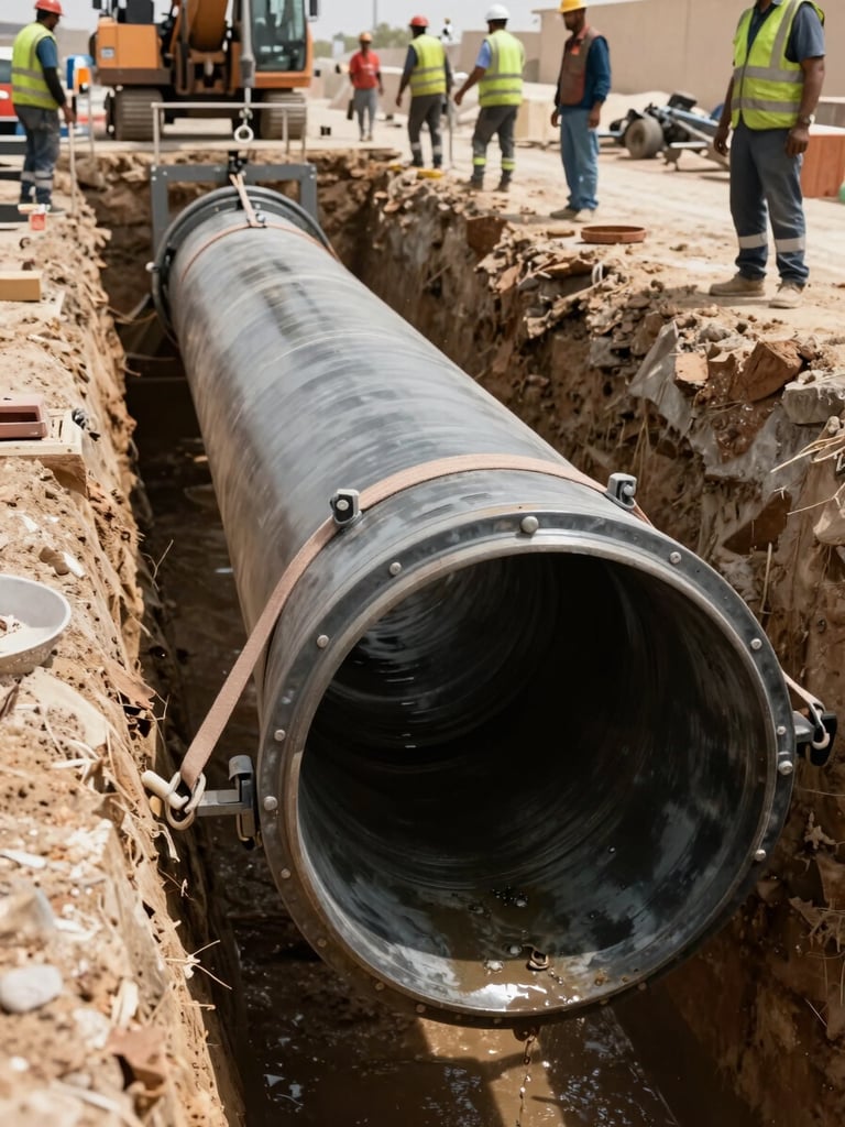 A vertical close-up of a massive ductile iron water pipe being lowered into a shored trench in Abu Dhabi, heavy machinery straps visible, pristine safety environment with workers in high-visibility gear.