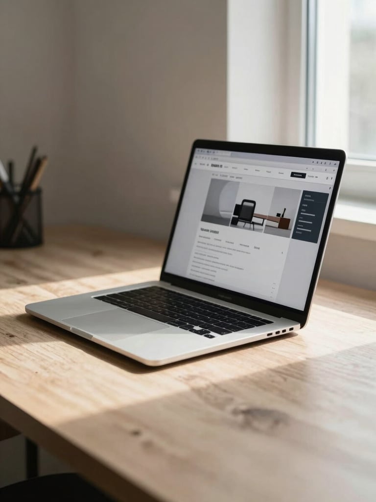 Wide environmental shot from the left side of a minimal desk workspace, a single open laptop displaying a clean web layout, natural window light falling across the surface from the right, shallow focus on the screen edge, warm stone desk surface visible in foreground, no person in frame