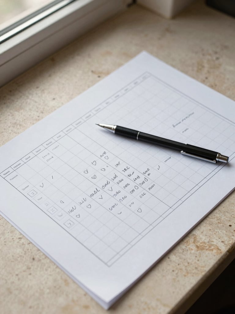 Overhead flat-lay of a clean desk surface, a printed wireframe sheet with handwritten annotation marks in ink, a mechanical pencil resting diagonally across the paper, soft natural window light from the upper left, warm stone desk surface, no hands in frame, tight crop focused on the annotations