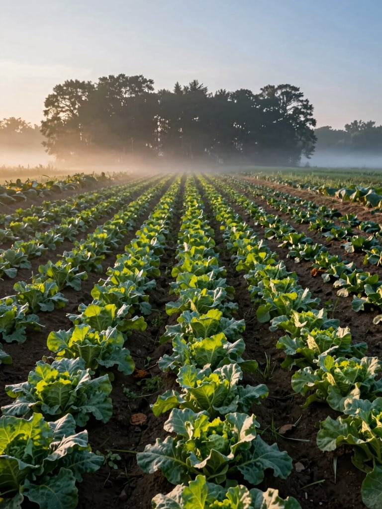 Wide shot of a small farm field at dawn, rows of leafy vegetables stretching toward a tree line, mist low on the ground, cool blue-gold light, no people, serene and documentary in feel