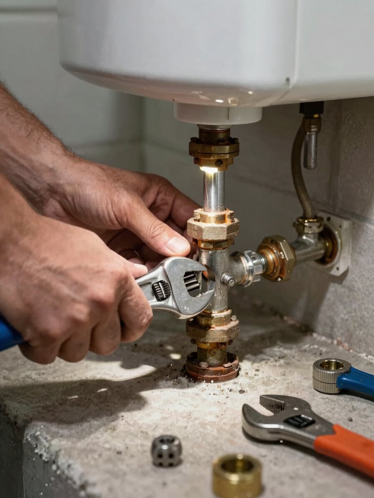 Close-up environmental shot of a plumber's hands wrench-tightening a corroded pipe joint under a water heater, jobsite work light casting hard shadows, concrete floor visible below, tools laid out to the right