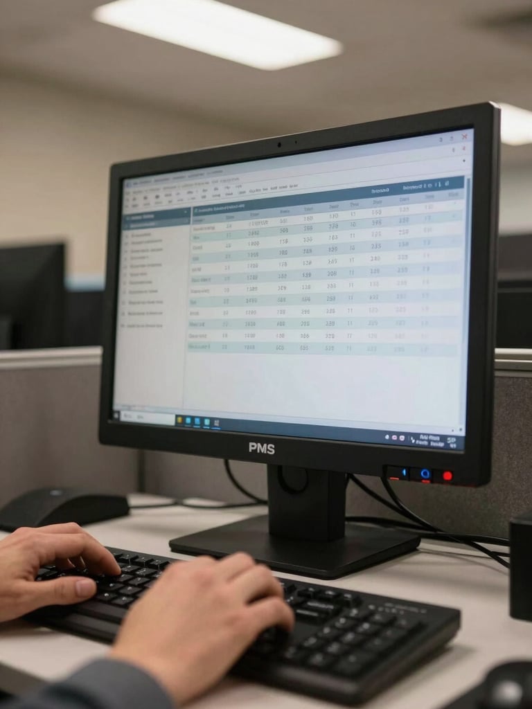 Close-up of hotel back-office desk, hands on keyboard at a PMS terminal screen showing occupancy data, clean overhead office light, wide framing with monitor and keyboard prominent, documentary style