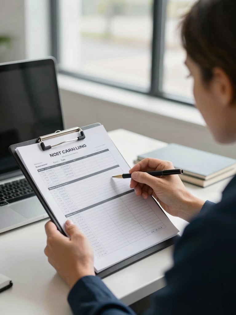 Bright daylight over-the-shoulder shot of a North Carolina business owner reviewing a clean tax planning spreadsheet with an advisor in a modern office.