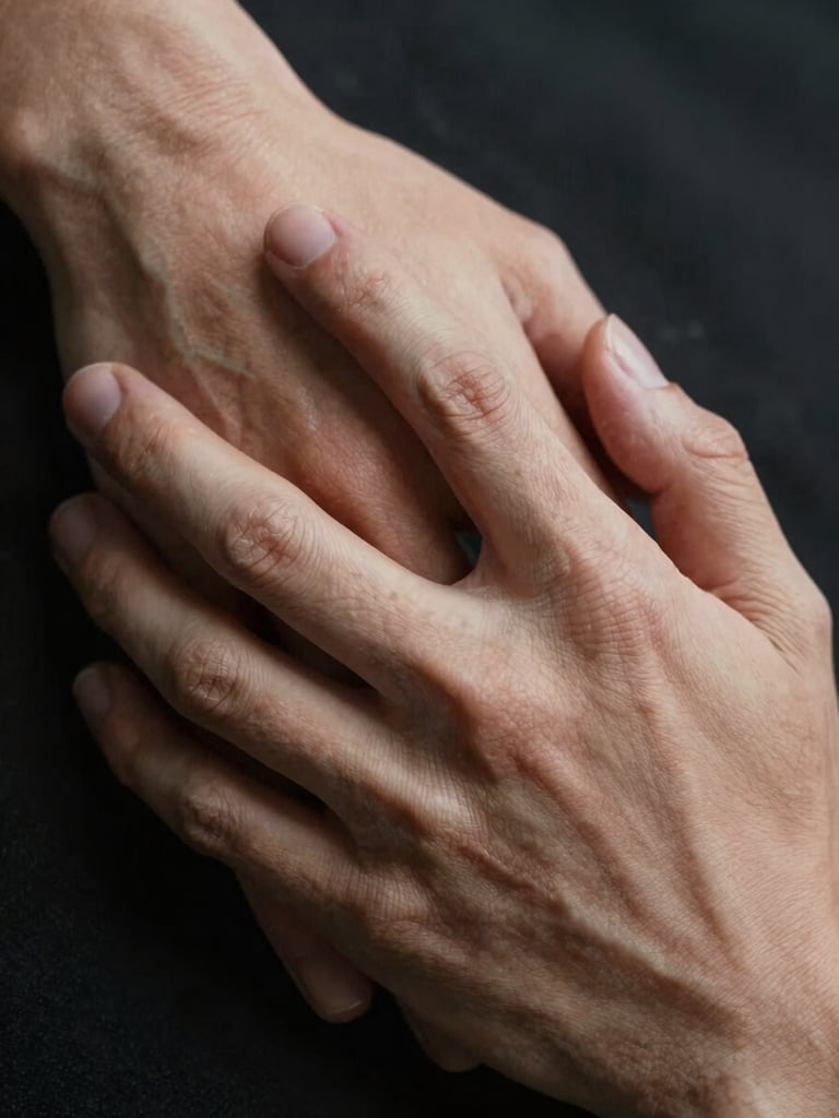Extreme close-up of two hands gently intertwined, soft dramatic lighting from the side, focus on skin texture and fabric