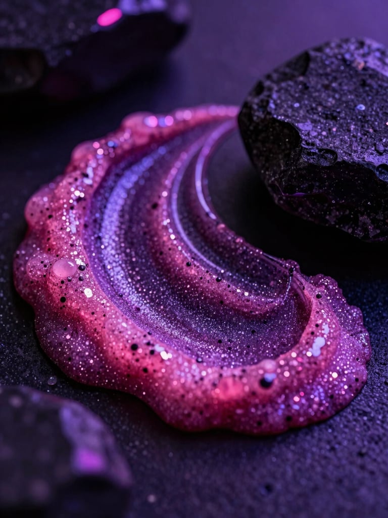 Close-up of swirling glittering pink and purple body scrub texture reflecting light like a nebula, dark obsidian stone nearby, dramatic neon backlights, macro lens