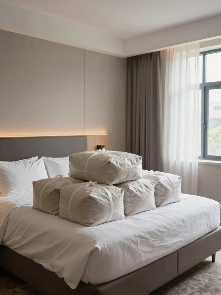 Wide shot of a hotel room mid-refurbishment — new linen packages stacked on the bed, furniture in place, daylight through open curtains, before-after staging visible, no people