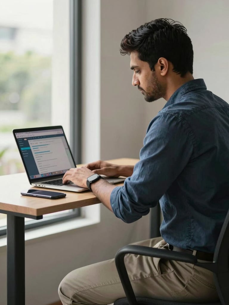 Medium shot of a young Indian man at a standing desk, natural office daylight from a window on the left, laptop and phone on desk, CRM dashboard visible on screen, focused and relaxed posture