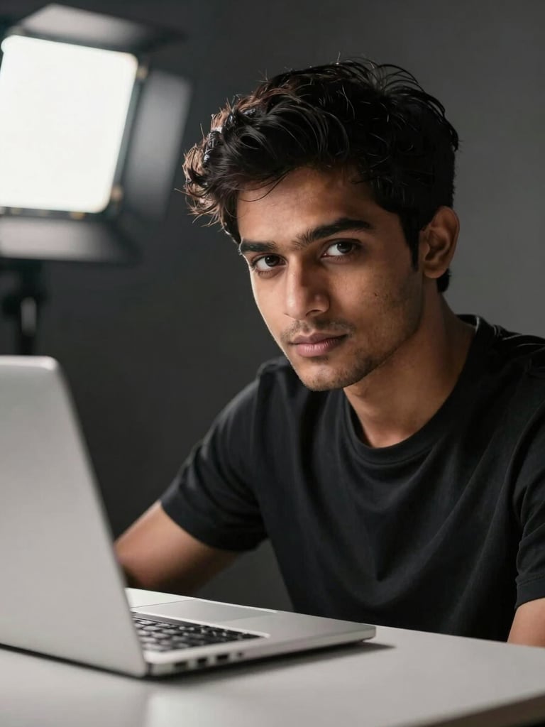 Close-up portrait of a young Indian man at a modern desk, studio lighting from the left, slight screen glow from a laptop reflecting on his face, looking directly at camera with quiet confidence, dark background