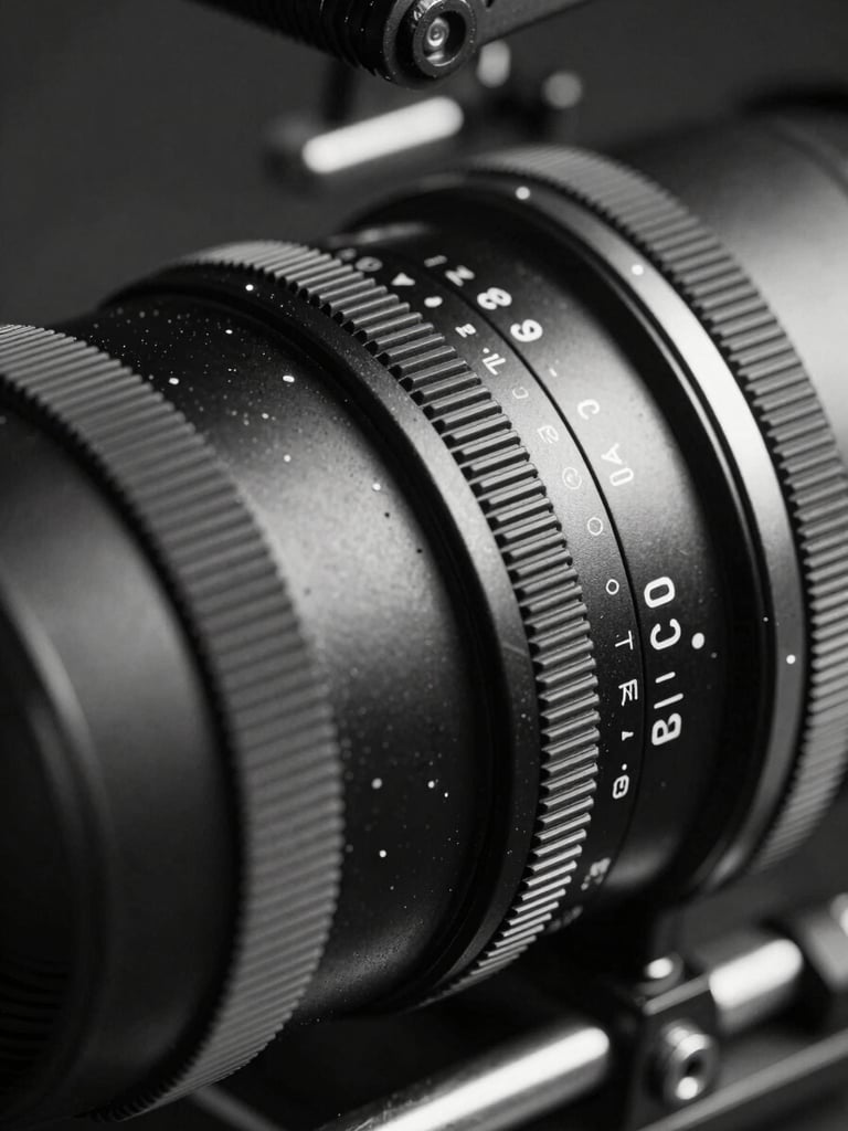 Extreme macro detail of a matte box and cinema lens rigging, pure black and white, sharp geometric lines, deep chiaroscuro lighting.