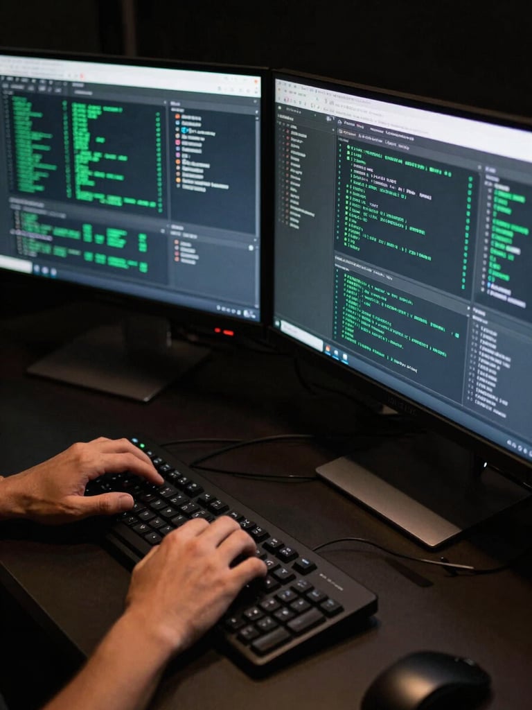 Tight wide-angle shot of a keyboard and dual monitors in a dark studio workspace, screens displaying a dense AI tool interface with green-tinted data readouts, hands resting on keys mid-session, sharp screen light illuminating fingertips from above, clinical and precise, no warm ambient light, deep black background