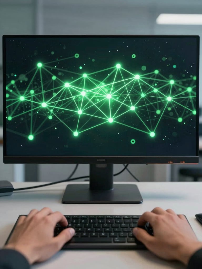 Extreme wide panoramic view of a dark digital network diagram rendered on a large monitor, glowing node connections in neon green on a near-black background, hands resting on a keyboard in tight foreground, screen-lit clinical environment, no ambient light, shot from directly in front