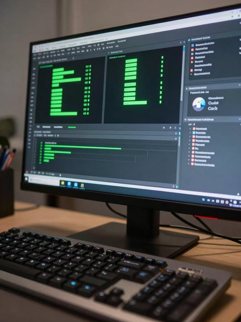 Wide-angle shot of a dark monitor displaying an AI tool interface, keyboard in tight foreground focus, neon green status indicators visible on screen, clinical screen-lit environment, no ambient light, shot from slightly above and to the left