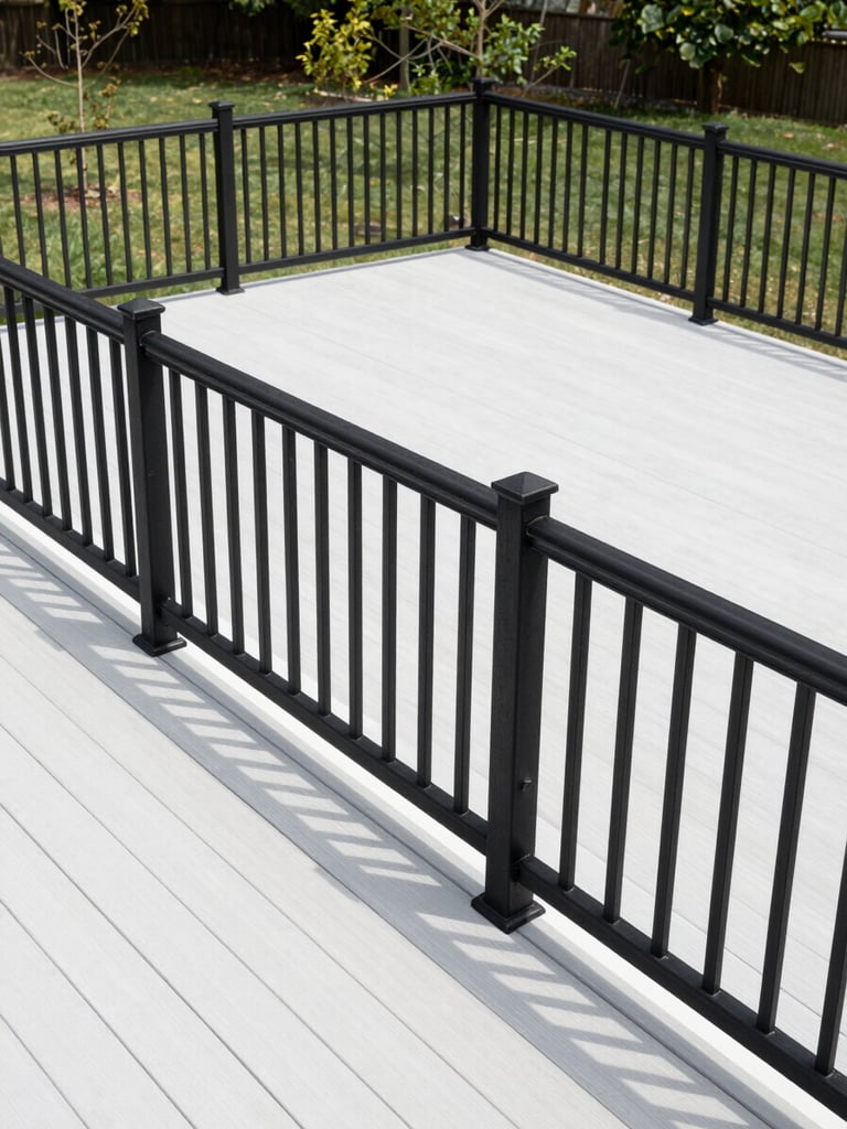 Sharp architectural photography of an overhead shot of a custom-built composite deck with clean black railing in a Northern Virginia backyard, bright natural daylight, clean high-contrast tones, 35mm