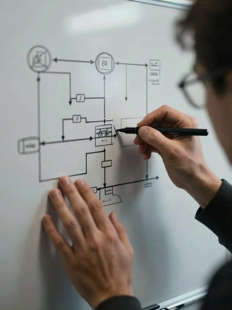 A close-up shot of hands sketching complex system architecture on a physical whiteboard, high contrast, moody natural lighting, focused on technical details.