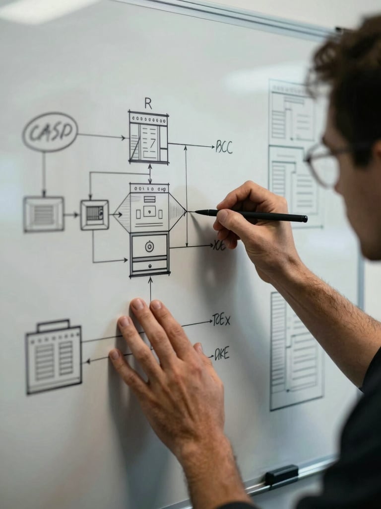 High-contrast editorial photo of Jason sketching system architecture on a physical whiteboard, moody natural lighting, tight focus on hands and structural diagrams, terminal-adjacent aesthetic.