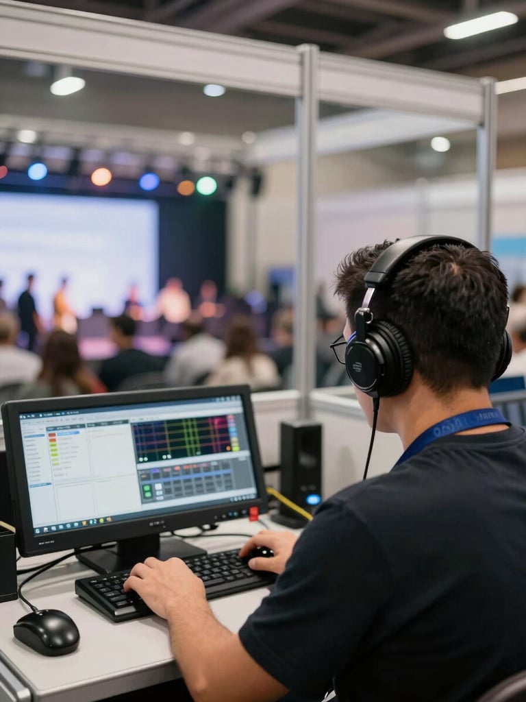 Close-up wide shot of an interpretation booth operator wearing headphones at a compact console, a glass partition showing the main conference stage in soft focus behind, technical interface panels visible, daylight mixed with overhead studio lighting, no posed faces, candid working shot