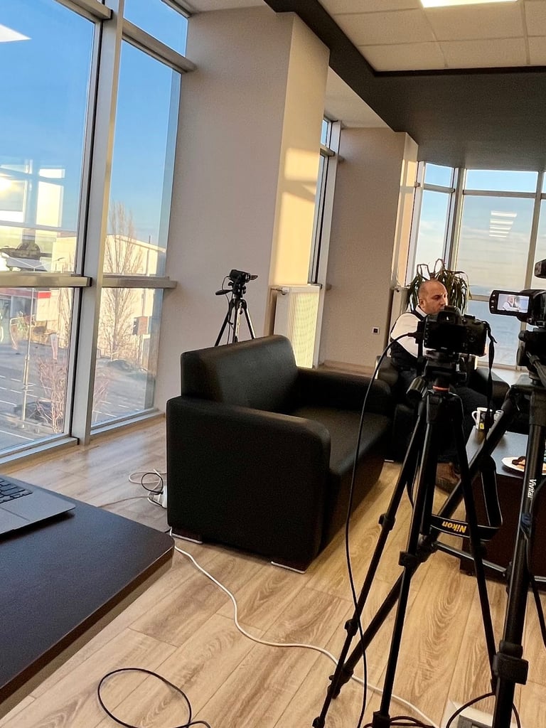 Corporate podcast production setup with multi-camera video podcast recording workflow