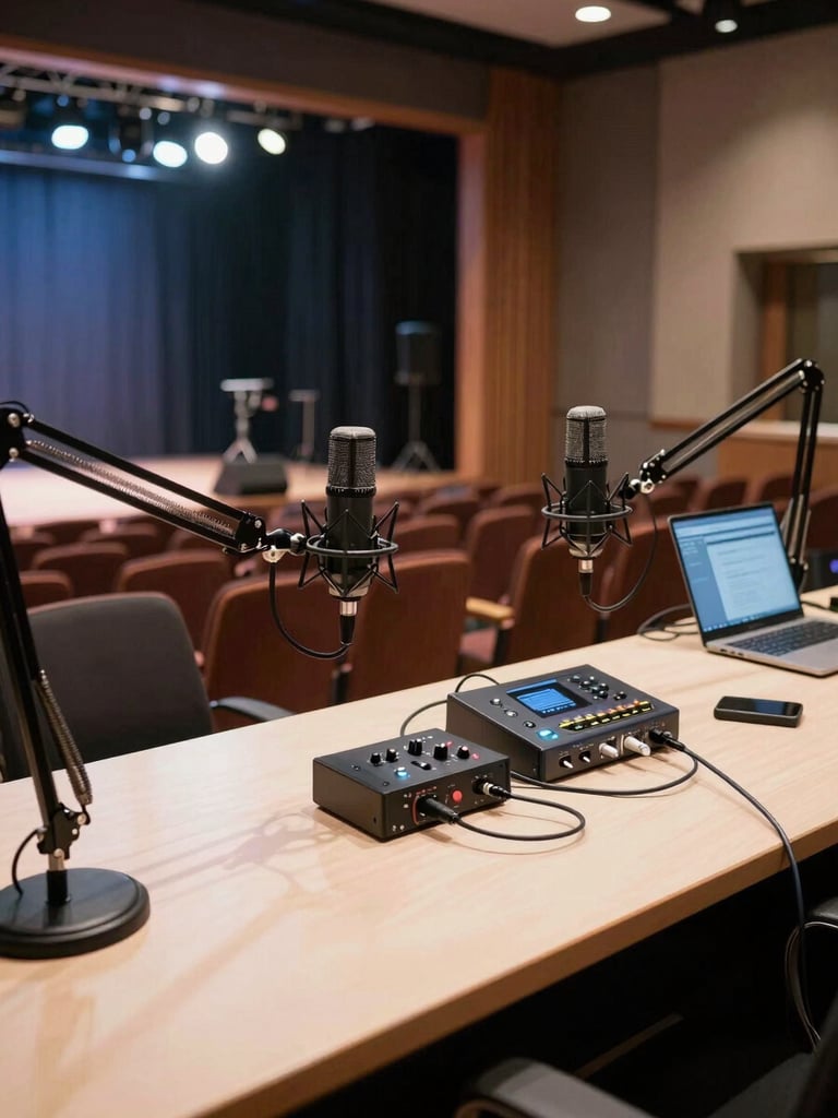 Wide environmental shot of a podcast recording station set up inside a conference venue — two condenser microphones on boom arms over a production desk, audio interface and laptop monitor visible, stage lighting in background mid-event, no attendees in frame, clean technical framing from a slight high angle showing cable routing and equipment layout