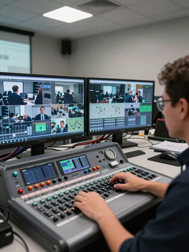 Wide environmental shot of a live event control room, two monitors showing multi-camera feeds mid-broadcast, a production engineer's hands on a switching desk in sharp foreground, cables routed neatly along the back wall, cool studio lighting overhead, no people facing camera