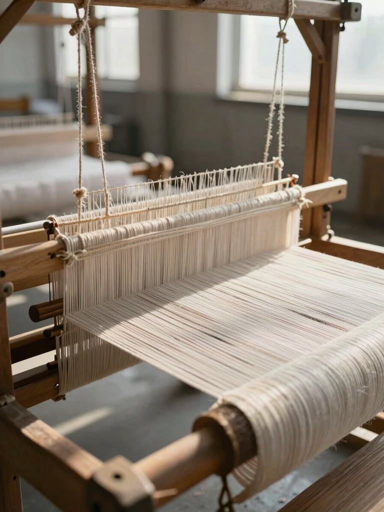 A close-up of a traditional loom in operation inside a modern, sunlit industrial mill, highlighting the tension of raw jute threads.