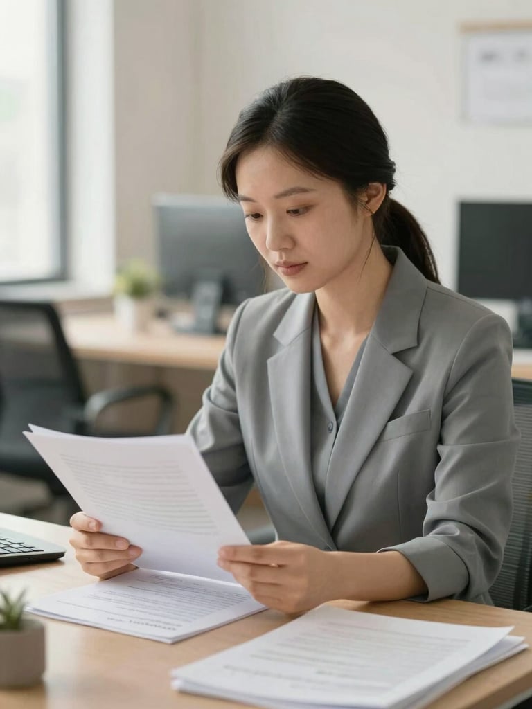 Warm editorial portrait of a professional administrative specialist reviewing neat documents in a bright, modern office, soft focus background, muted slate and sand tones, 35mm