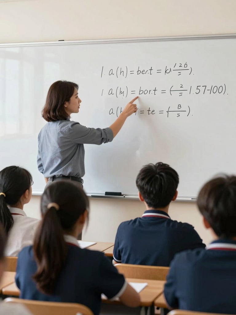 Medium shot from the side of a teacher standing at a whiteboard in a secondary school classroom, right hand pointing at a written equation, students visible mid-frame in natural north-facing daylight, documentary style, no staged poses