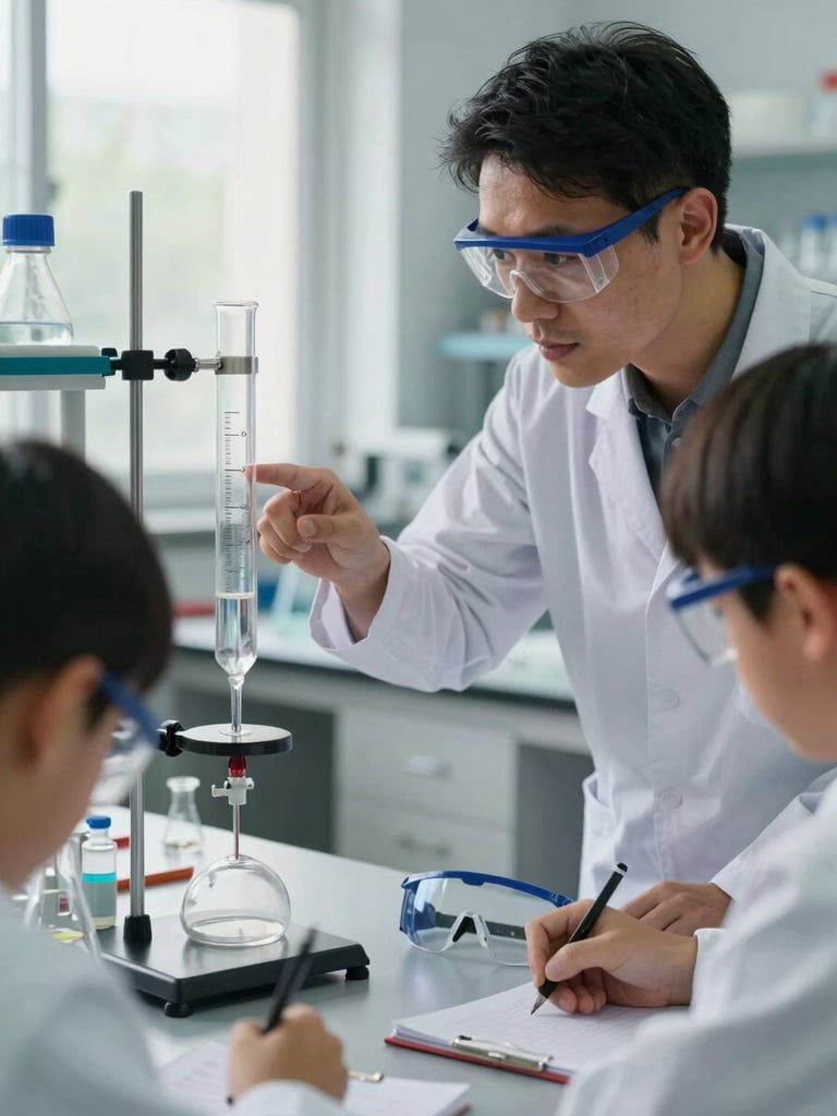 Close-up medium shot of a chemistry teacher demonstrating a titration procedure to two students at a lab bench, teacher pointing to the meniscus level, students taking notes, overcast north-light from lab windows, glass apparatus and safety goggles visible on the bench