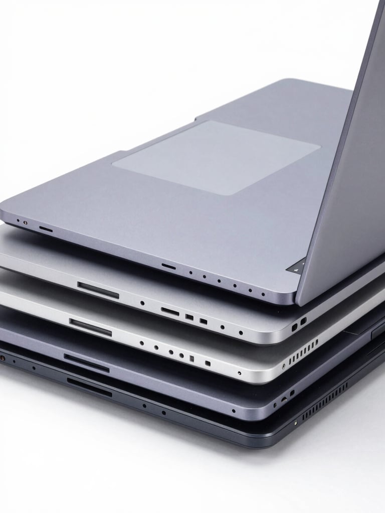 Crisp product photography of a stack of clean, modern corporate laptops, high-key studio lighting, cool gray and blue tones, sharp focus