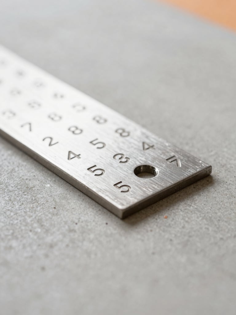Close-up of a physical steel plate engraved with numbers, resting on a clean concrete surface, soft natural side lighting, highlighting durability and security