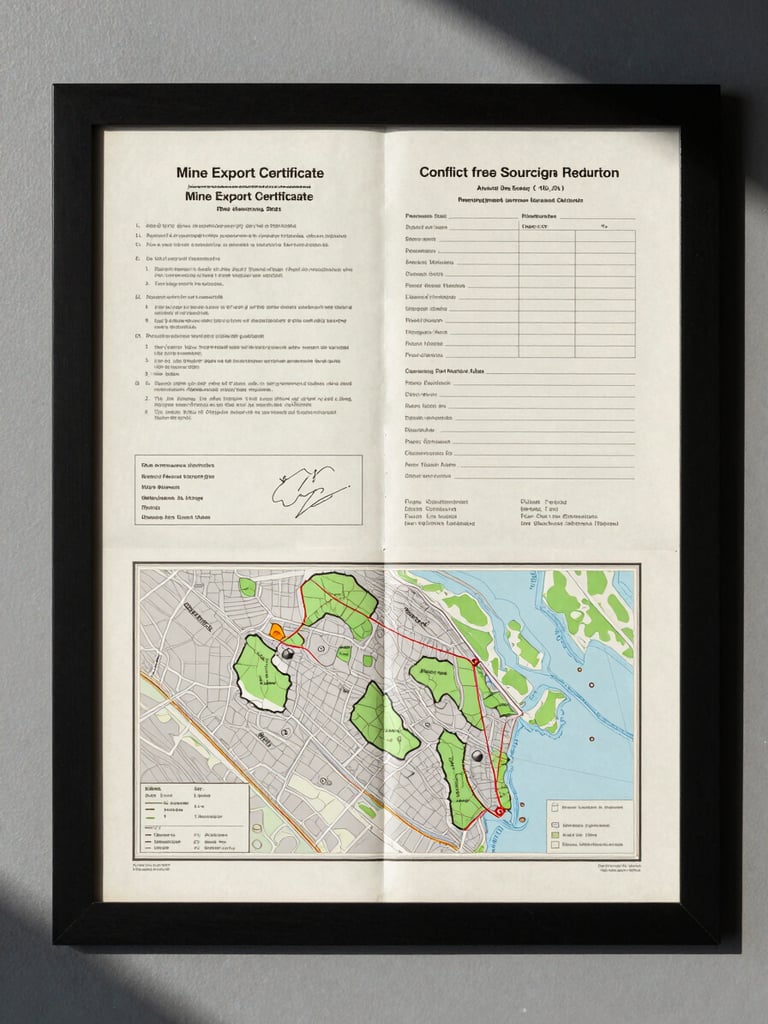 Flat-lay overhead of provenance documents — mine export certificate, conflict-free sourcing declaration, and a folded map indicating stone origin region — on a cool museum-gray surface, controlled north-facing daylight, no shadows, archival and precise framing